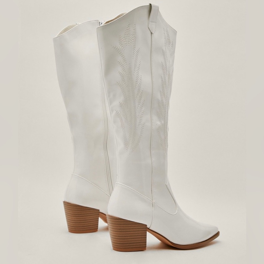 Nasty Gal Faux Leather Knee-High White Cowboy Boots